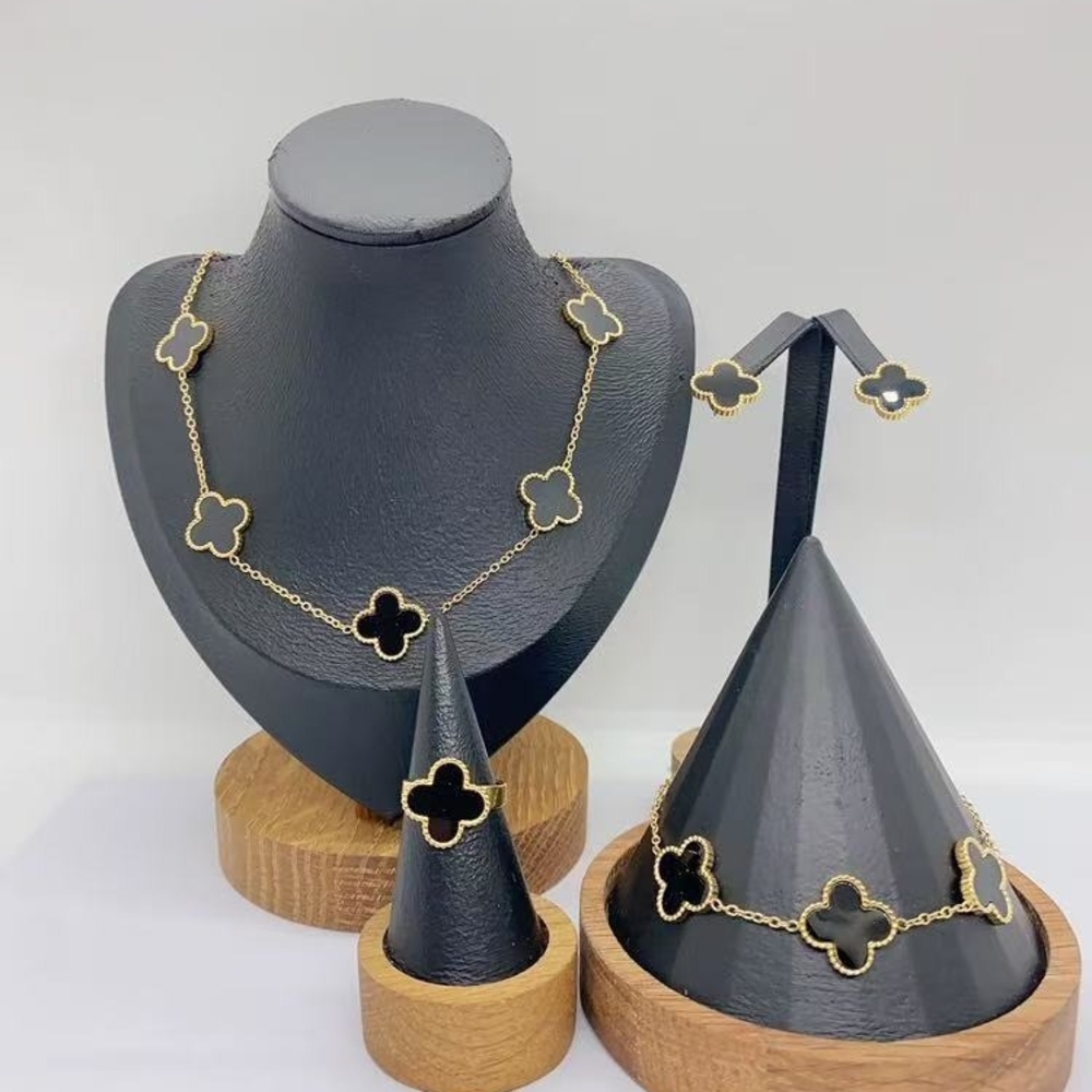Gold-Tone Necklace & Earring Set with Black Clover Motifs